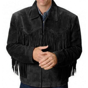 High Quality Finishing Black <b>Suede</b> Fringe <b>Jacket</b> for Men Western Cowboy Leather Coat Casual Style with Competitive Price - Product Image 4