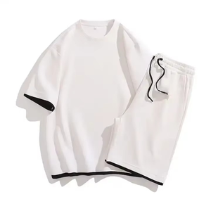 Ensemble t-shirt et short en coton noir pour homme, col rond, couleur unie, vêtements décontractés d'été, tissu respirant en maille - Product Image 4