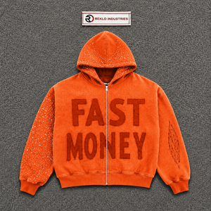 เสื้อฮู้ดซิปสีส้มสำหรับผู้ชาย ลายกราฟิก FAST MONEY ผ้าฟลีซตัวใหญ่ แขนเสื้อประดับคริสตัล สไตล์สตรีทแวร์ลำลอง แฟชั่นสตรีทแวร์ตัวใหญ่ - Product Image 5