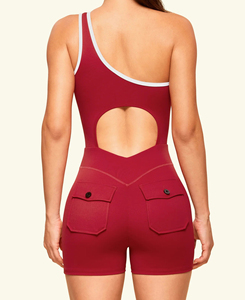Combinaison asymétrique sans manches rouge pour femme, taille haute, effet ventre plat, gainante, pour le yoga et les activités sportives, coupe ajustée, printemps-été - Product Image 2