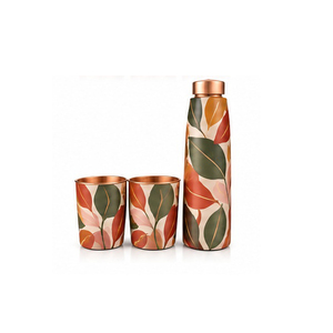 Bouteille d'eau en cuivre avec deux tasses assorties, motif rouge oriental, thermos portable pour les voyages et l'usage quotidien - Product Image 4