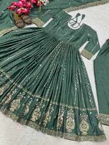 Green Indian Pakistani <b>Suit</b> <b>Women's</b> Floor-Length Loose Fit Embroidered Dress Wedding Wear - Product Image 5