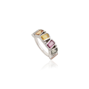 Anillo de boda de media eternidad de oro blanco macizo K14 con zafiro arcoíris y diamantes, de lujo y gran venta, para unisex. - Product Image 3