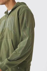 เสื้อฮู้ดซิปผู้ชายสีเขียวมะกอกทรงโอเวอร์ไซส์ ผ้าฝ้ายเฟรนช์เทอร์รี่ สวมใส่สบายๆ สำหรับฤดูใบไม้ร่วง พิมพ์ลายตัวอักษรพร้อมโลโก้ด้านหน้า - Product Image 2