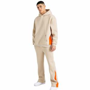 Men's Beige Hooded Tracksuit Solid Color Full-Length Sleeves Loose Fit 100% Cotton Casual Autumn Wear With Orange Side Stripes - Product Image 1
