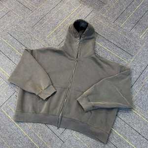 Sweat-shirts à capuche pour hommes, coupe carrée, personnalisés, délavés à l'acide, poids lourd 350g, oversize, coupe courte, effet usé, zippés, avec impression en relief - Product Image 4