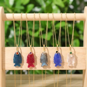 Hand carved labradorite crystal quartz jade stone fish pendant necklace <b>with</b> cz eye 18k gold plated brass chain jewelry necklace - Product Image 6