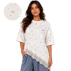 Sparkling Rhinestone Custom <b>Bohemian</b> Beaded Lace Hem Loose Fit women's shirt Asymmetric Design <b>Top</b> Drop Shoulder Cotton Shirt - Product Image 1