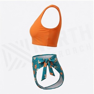 Women Floral Print 2 Piece <b>Bikini</b> <b>Set</b> <b>Orange</b> Crop Top Teal Tie Side Bottom Stretch Swimwear - Product Image 3