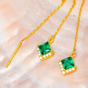 Emerald Green CZ Threader <b>Earrings</b> 925 Sterling <b>Silver</b> 14K Gold Plated <b>Dangle</b> <b>Earrings</b> For Women Elegant Gift - Product Image 1