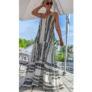 Robe longue à col en V rayée en jacquard de coton pour femmes, fabricant Bohemian - Product Image 1