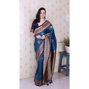 Blusas y Camisas de Seda Suave Tejida con Zari de Pavo Real Azul Metálico Banarasi de Elite Weaves para Mujer - Product Image 6