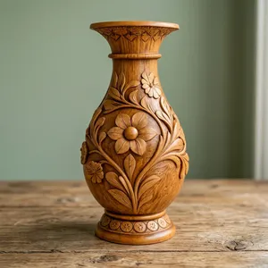 Vase à fleurs en bois avec des sculptures florales et de feuilles complexes, fait à la main pour les fleurs, décoration de la maison, salon, chambre, bureau, hôtel, table - Product Image 5