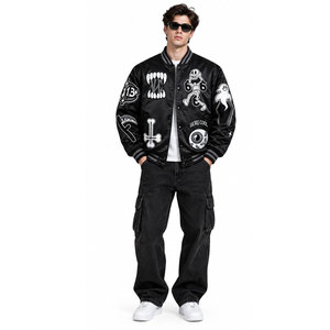 Blouson bomber noir pour homme, style punk, avec broderies de crânes, col rabattu, coupe classique, pour l'automne - Product Image 4