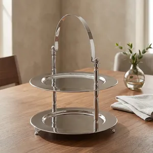 Plateau de service à 2 niveaux en acier inoxydable avec poignée |   Organisateur élégant pour plateaux de nourriture, idéal pour la cuisine, la table à manger et les fêtes - Product Image 5