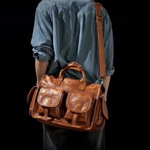 Sac fourre-tout de voyage vintage grande capacité, écologique, sacoche d'affaires pour ordinateur portable 14 pouces, porte-documents en cuir véritable pour hommes - Product Image 4