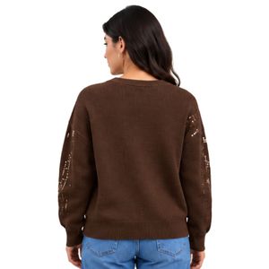 Pull en maille à sequins marron chocolat pour femme, col rond, manches longues, scintillant, élégant, décontracté, pour soirée, haut tendance - Product Image 3
