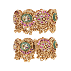 Premium Quality Metal Bangle with Ruby Stone <b>Infinity</b> Chain Ghungroos Two Large Mint Stones Metal Flower and Floral Design - Product Image 6