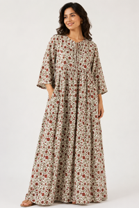 Vestido de Fiesta Moderno Bohemio con Estampado Floral, Largo hasta el Suelo, Cuello en V, Manga Larga, Cintura Natural, Corte Acampanado, Lavable, 100% Algodón Tejido Ecológico - Product Image 2