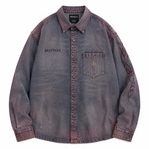 OEM Acid Wash Crimson Cotton Shirts For Roomy Unisex Cyber Y2K Streetwear Embroidered Logo Denim <b>Jacket</b> - Product Image 3