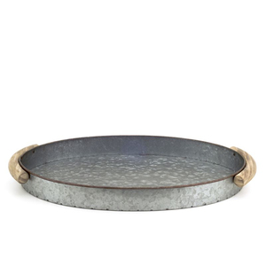Plateau de service rond en métal galvanisé avec poignées en bois de manguier écologiques, fait main, style ferme, pour la vente en gros - Product Image 1