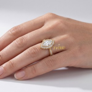Anillo de compromiso de lujo vintage de oro de 18 quilates con corte marquesa y halo, joyería fina, anillo de diamantes con milgrain, regalo de aniversario - Product Image 5