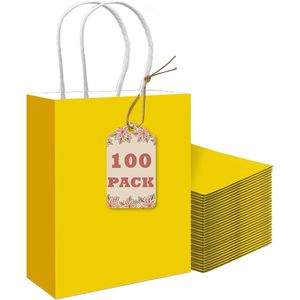 Confezione da 100 Sacchetti Regalo in Carta Giallo Brillante 21x7.6x15.2 cm con Manici, Multiuso - Product Image 1
