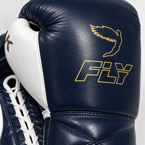 Gants de boxe en cuir Fly pas chers, vente en gros, gants d'entraînement lacés, bleu, blanc, logo or, équipement de boxe pour adultes - Product Image 5