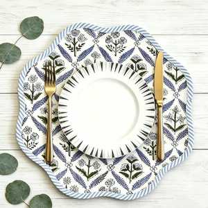 Blue Printed Check Floral Scalloped <b>Placemat</b> Bound Edge <b>Placemat</b> Elegant Tableware for <b>Dining</b> <b>Dining</b> <b>Table</b> <b>Placemat</b> Cottage - Product Image 1