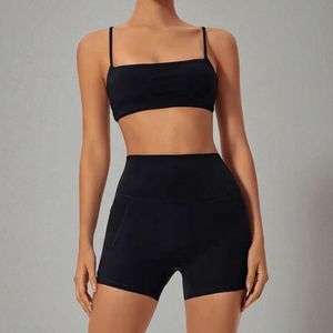 Ensemble sportif décontracté 2 pièces pour femme, bleu marine, haut court sans bretelles et short taille haute, en tricot de coton élasthanne respirant, couleur unie - Product Image 2