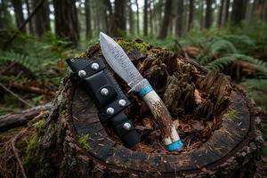 Couteau Bowie Viking artisanal en acier Damas, manche en corne, 10 pouces, pointe tombante |   Étui en cuir de qualité supérieure pour le camping et les cadeaux - Product Image 2