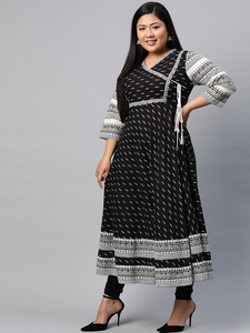 Kurta Anarkali en coton slub noir à col en V, motif géométrique, manches trois quarts, grande taille, pour femme, usage quotidien - Product Image 3