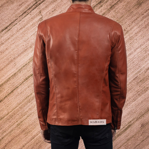 แจ็กเก็ตหนังแท้สำหรับผู้ชายแบบดั้งเดิมคลาสสิกดั้งเดิมรถจักรยานยนต์ที่ทันสมัยกันน้ำพร้อมคอตั้งสีแทน - Product Image 4