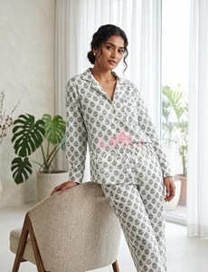 Women's 2-Piece Flock Print 100% Cotton Pajama Set Long Sleeve Shirt Ankle-Length <b>Trousers</b>-Quick Dry Summer/Autumn/Spring - Product Image 1