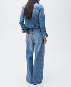 Women's Mid Blue <b>Cropped</b> <b>Denim</b> <b>Jacket</b> Button Closure Turn-Down Collar Long Sleeve Regular Fit Casual Jean <b>Jacket</b> - Product Image 3