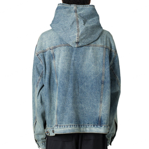 Wholesale Top Quality Custom <b>Thick</b> Oversized Patchwork Baggy Vintage Blue Denim Distressed <b>Men</b> Pullover Denim <b>Hoodie</b> - Product Image 2