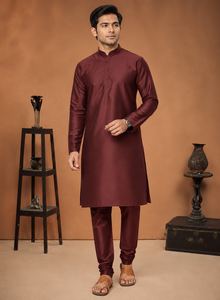 <b>Men</b> Maroon Silk <b>Kurta</b> Pajama Set Mandarin Collar Ethnic Party Wear Shirt Wholesale Traditional Festive Tunic Top Custom - Product Image 3