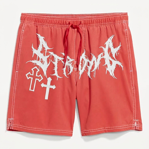 Shorts de bain décontractés rouges pour hommes avec logo gothique blanc, taille à cordon de serrage, séchage rapide, écologiques, en nylon/spandex imperméable - Product Image 1