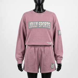 Conjunto de Sudadera y Pantalones Cortos de Felpa de Algodón de 320 GSM de Calidad Premium para Mujer, Color Rosa Vintage, Tacto Suave, con Logotipo, para Mujer - Product Image 4