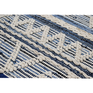 Handwoven 9x12 Blue Beige Flatweave <b>Rug</b> with Raised <b>Tufted</b> Geometric Stripes and Fringe for Hallway - Product Image 5