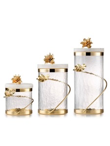 Contenants de stockage alimentaire en verre de luxe modernes avec couvercles floraux dorés, design cylindrique hermétique pour la cuisine - Product Image 1