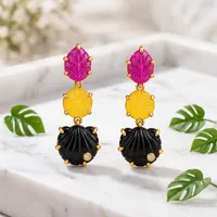 Boucles d'oreilles pendantes tendance pour femmes, en pierres précieuses naturelles (jade, onyx), forme feuille, ovale, coquillage, laiton plaqué or, bijoux