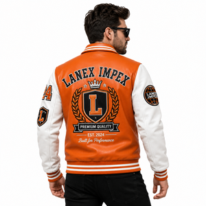 Custom Orange <b>White</b> Leather Varsity <b>Jacket</b> for <b>Men</b> Premium Letterman Bomber <b>Jacket</b> with Chenille Embroidered Patches OEM Service - Product Image 4