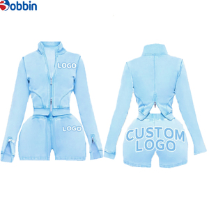 Conjunto de 2 Piezas para Mujer, Top Corto con Cierre Frontal y Trasero, Cuello Alto, Estilo Vintage, Lavado Ácido, con Logotipo Personalizado, Pantalones Cortos, Superventas - Product Image 6