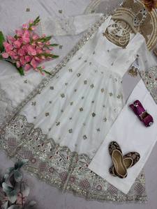 Salwar Kameez Blanco Bordado con Lentejuelas y Dupatta, Traje Tradicional Indio para Boda, Vestido de Algodón Cosido para Mujer - Product Image 6