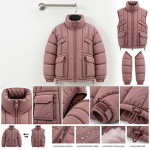 Veste matelassée convertible pour homme, couleur rose poussière, manches amovibles, multi-poches, isolée, pour l'hiver et les activités de plein air - Product Image 4