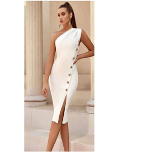 Robe moulante asymétrique à une épaule, robe midi avec fente latérale et boutons, robe de cocktail élégante, silhouette luxueuse et allure sexy - Product Image 1
