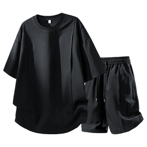 Ensemble décontracté deux pièces pour homme en coton gris thermique à motif floral, t-shirt à col rond et manches courtes, short à cordon de serrage, respirant, tricoté, pour l'été - Product Image 2