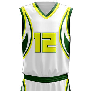 Ensemble de maillots de basket-ball unisexes personnalisés sans manches, col en V, blanc, vert, jaune, impression sublimée, respirant, coupe régulière, adulte, entièrement imprimé - Product Image 4