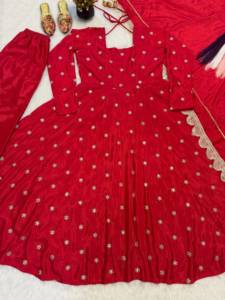 <b>Red</b> <b>Silk</b> Anarkali Suit Set with Churidar Dupatta Gold Embroidery Quick Dry Feature for Indian/Pakistani Women's Wedding Wear - Product Image 1